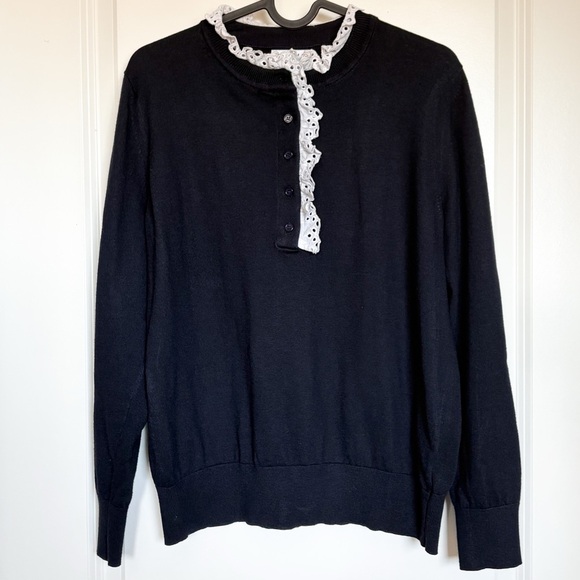 Sandro Paris Colane Crochet-Trim Navy Wool Silk Ruffle Lace Collar Sweater - Picture 3 of 6